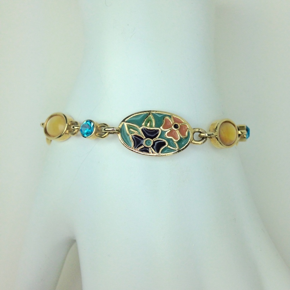 Vintage 90s Floral Boho metal rhinestone bracelet